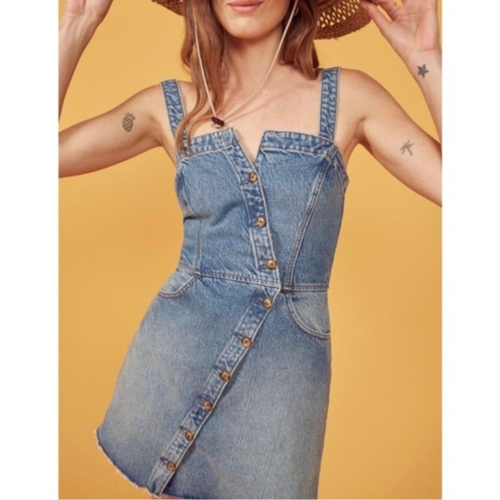 Reformation -772 Jeans Shasta Gabriela Raw Hem Button Up Denim Mini Dress Size 6 - Picture 3 of 12